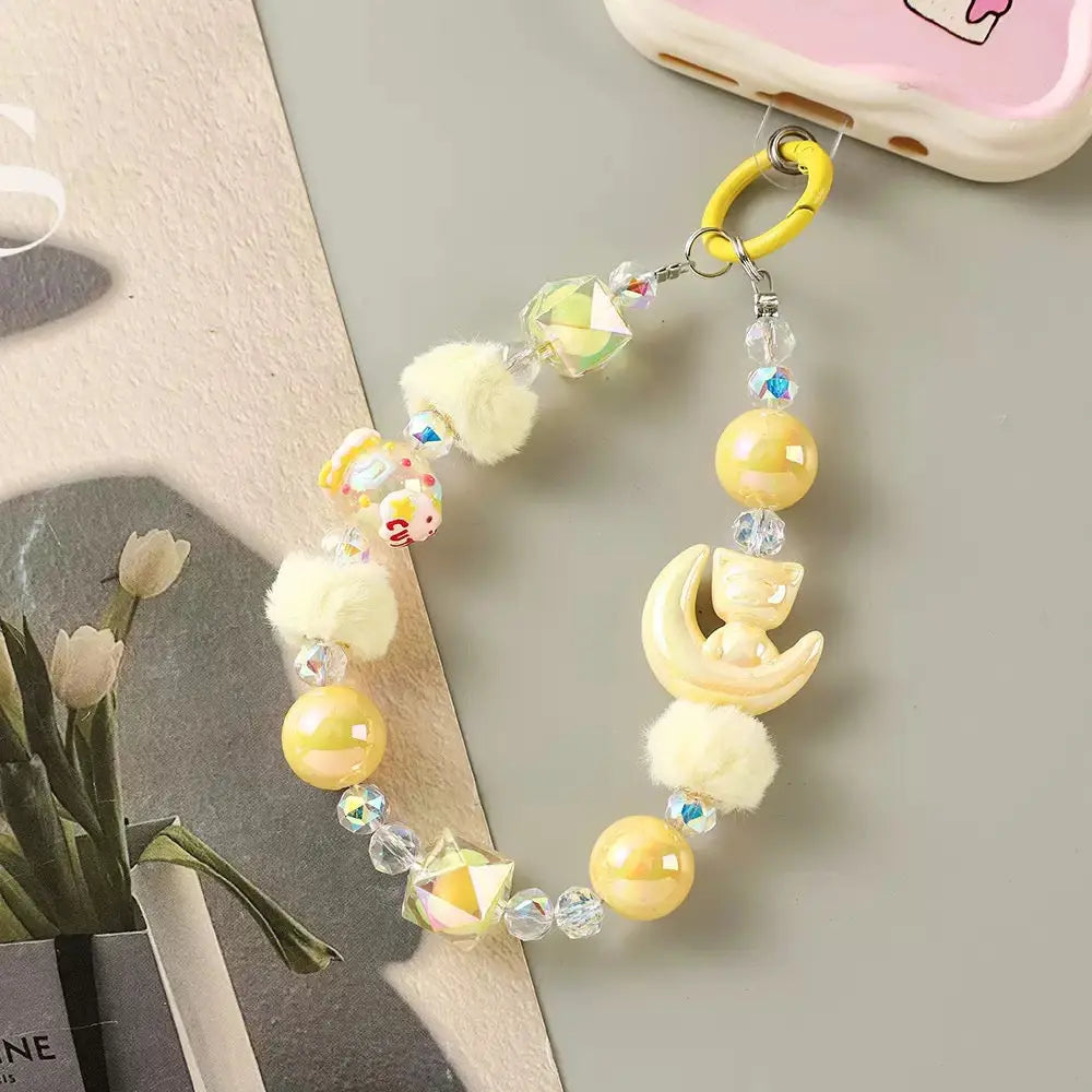 Kawaii Moon Cat Fluffy Beaded Phone Wrist Strap