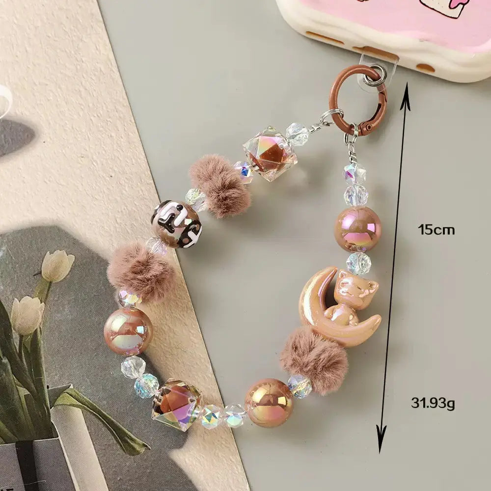 Kawaii Moon Cat Fluffy Beaded Phone Wrist Strap