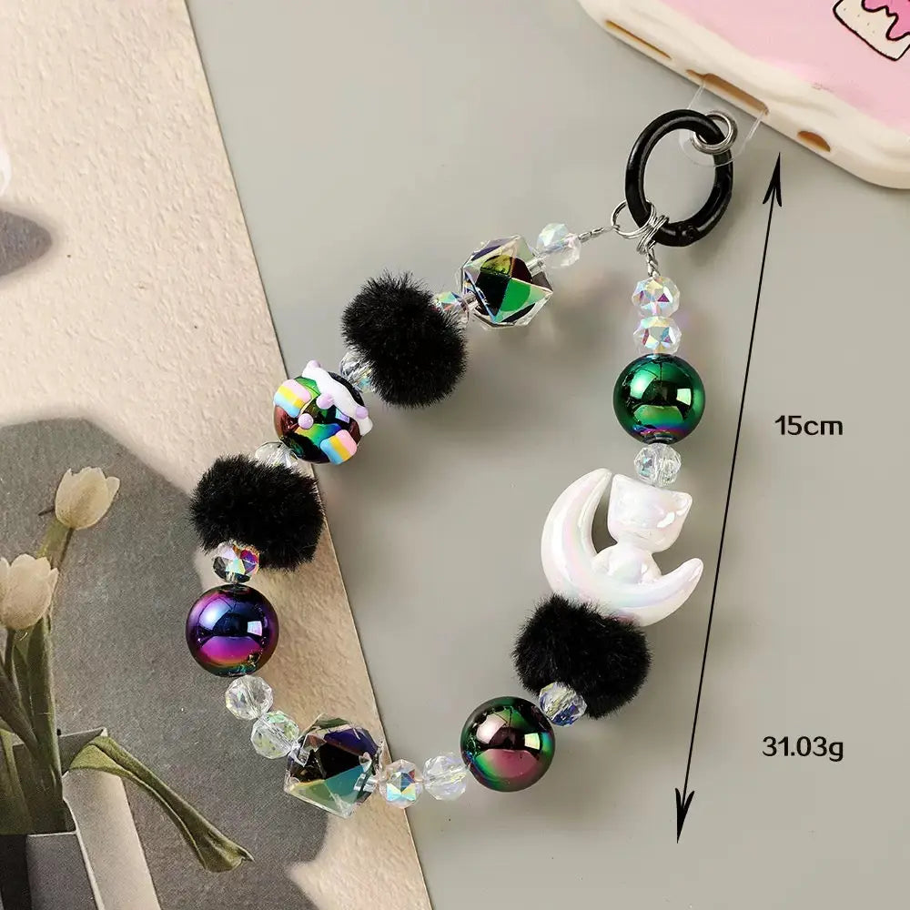 Kawaii Moon Cat Fluffy Beaded Phone Wrist Strap