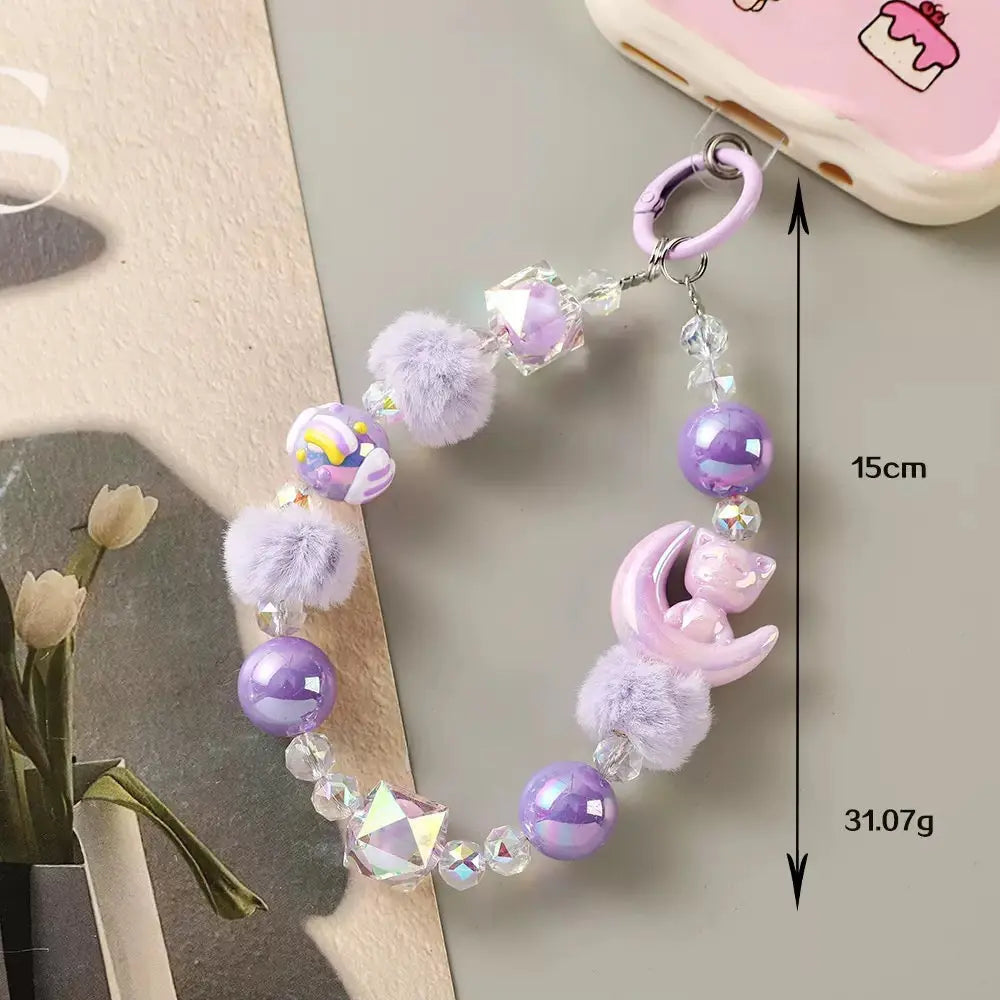 Kawaii Moon Cat Fluffy Beaded Phone Wrist Strap