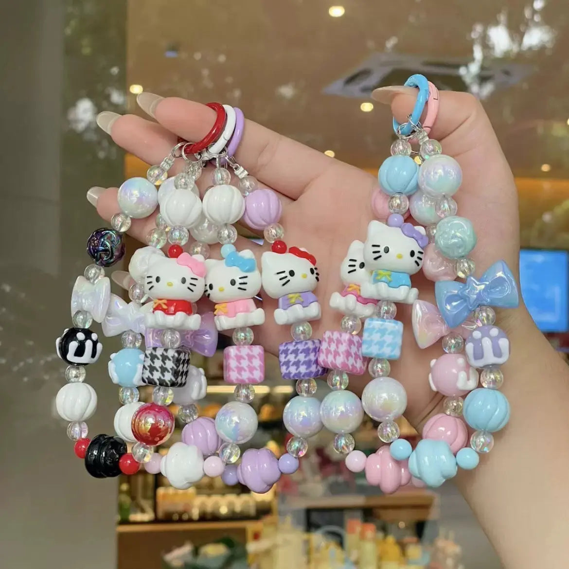 Kitty Beaded Wrist Strap Keychain Cute Pearl Bag & Phone Charm