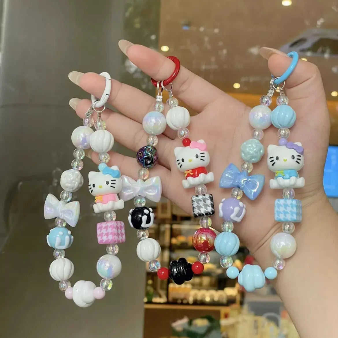 Kitty Beaded Wrist Strap Keychain Cute Pearl Bag & Phone Charm