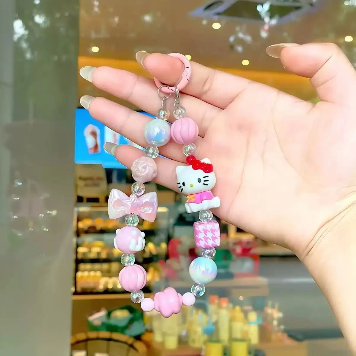 Kitty Beaded Wrist Strap Keychain Cute Pearl Bag & Phone Charm