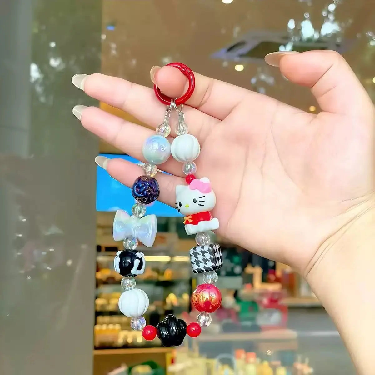 Kitty Beaded Wrist Strap Keychain Cute Pearl Bag & Phone Charm