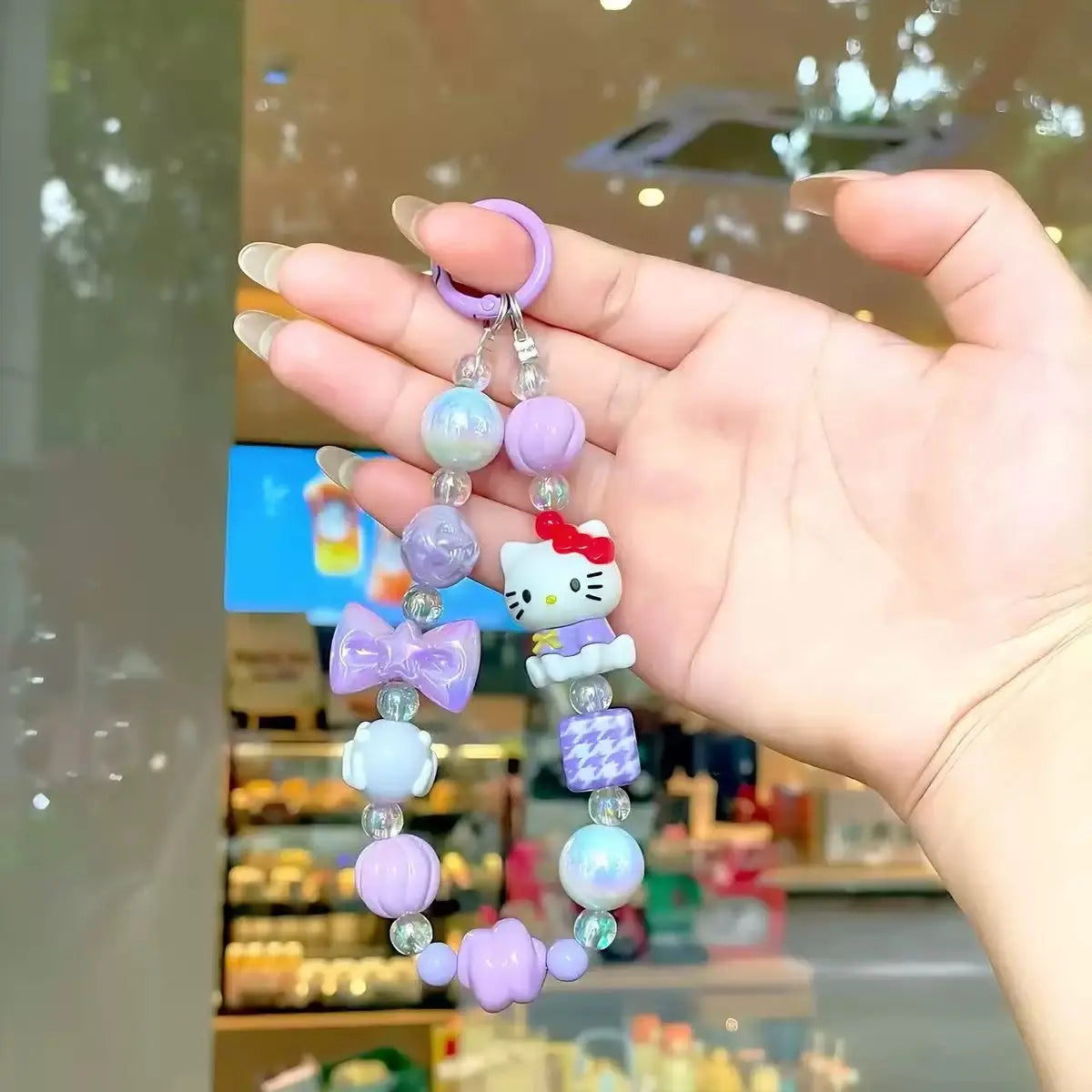 Kitty Beaded Wrist Strap Keychain Cute Pearl Bag & Phone Charm
