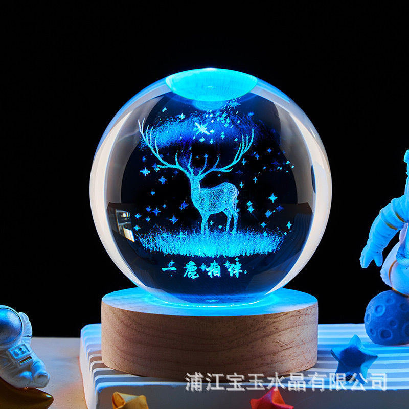 RGB Glass Ball Night Light with Wooden Base 7 Color Changing Glass Ball Lamp 3D Solar System Crystal Ball Night Light Desktop Decor