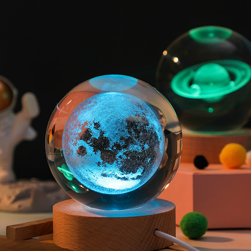 RGB Glass Ball Night Light with Wooden Base 7 Color Changing Glass Ball Lamp 3D Solar System Crystal Ball Night Light Desktop Decor