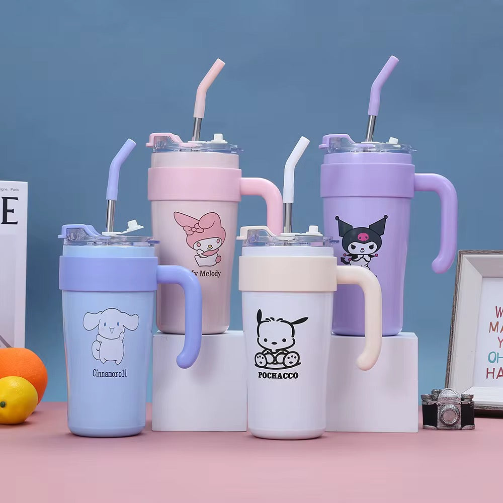 Sanrio Hello Kitty & Pochacco 860ml Insulated Tumbler with Handle and Straw Lid – Cute and Functional Stainless Steel Mug