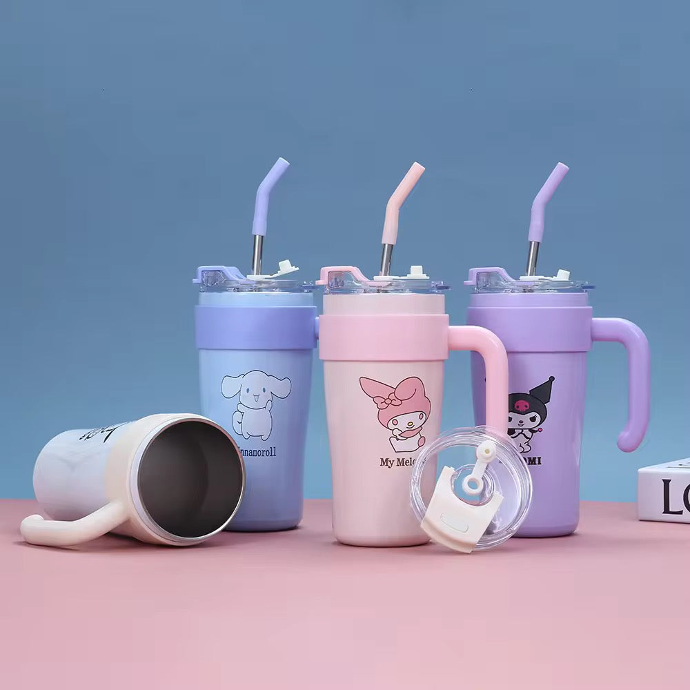 Sanrio Hello Kitty & Pochacco 860ml Insulated Tumbler with Handle and Straw Lid – Cute and Functional Stainless Steel Mug