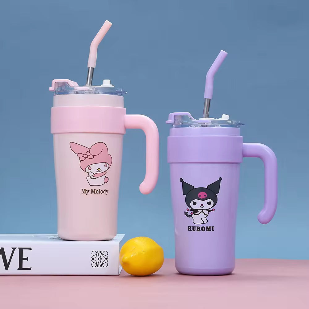 Sanrio Hello Kitty & Pochacco 860ml Insulated Tumbler with Handle and Straw Lid – Cute and Functional Stainless Steel Mug