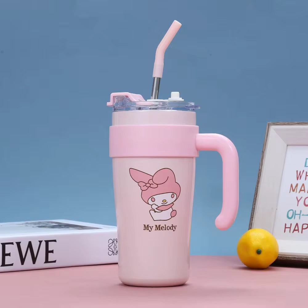 Sanrio Hello Kitty & Pochacco 860ml Insulated Tumbler with Handle and Straw Lid – Cute and Functional Stainless Steel Mug