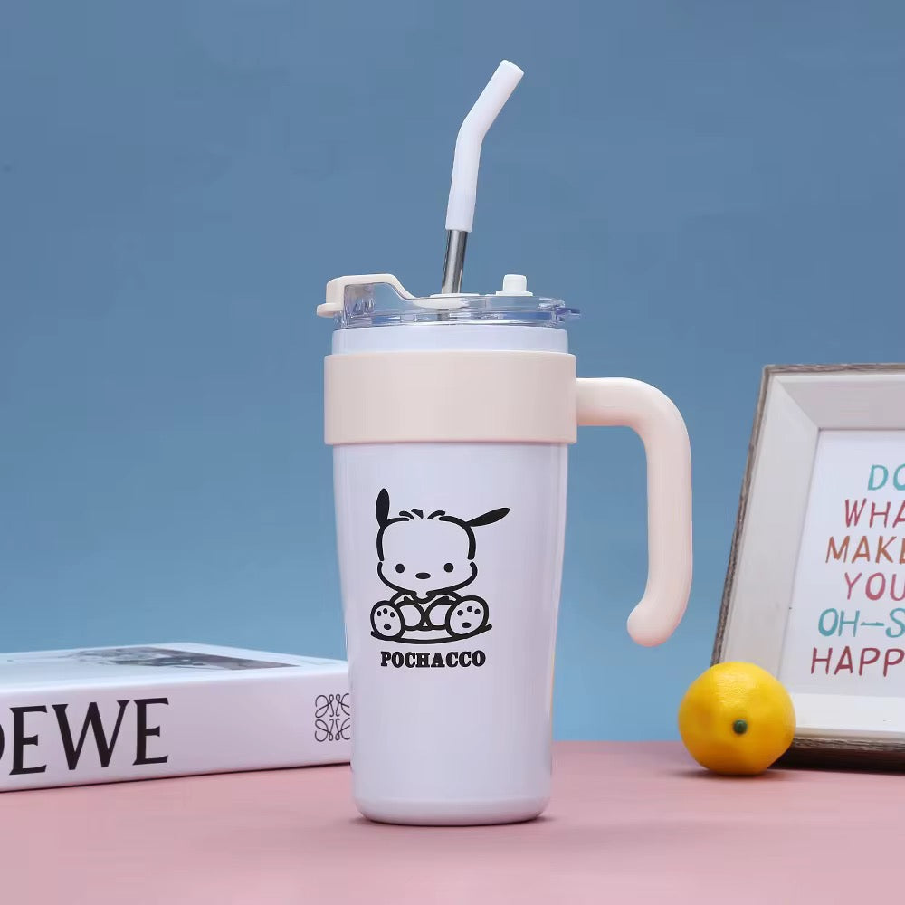 Sanrio Hello Kitty & Pochacco 860ml Insulated Tumbler with Handle and Straw Lid – Cute and Functional Stainless Steel Mug