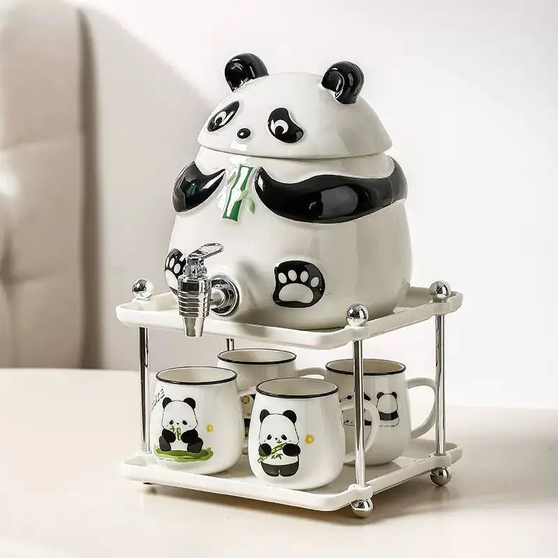 Cute Panda Ceramic Beverage Dispenser Set with 4 Mugs & Stand