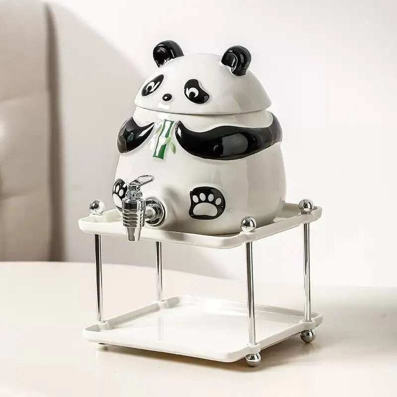 Cute Panda Ceramic Beverage Dispenser Set with 4 Mugs & Stand