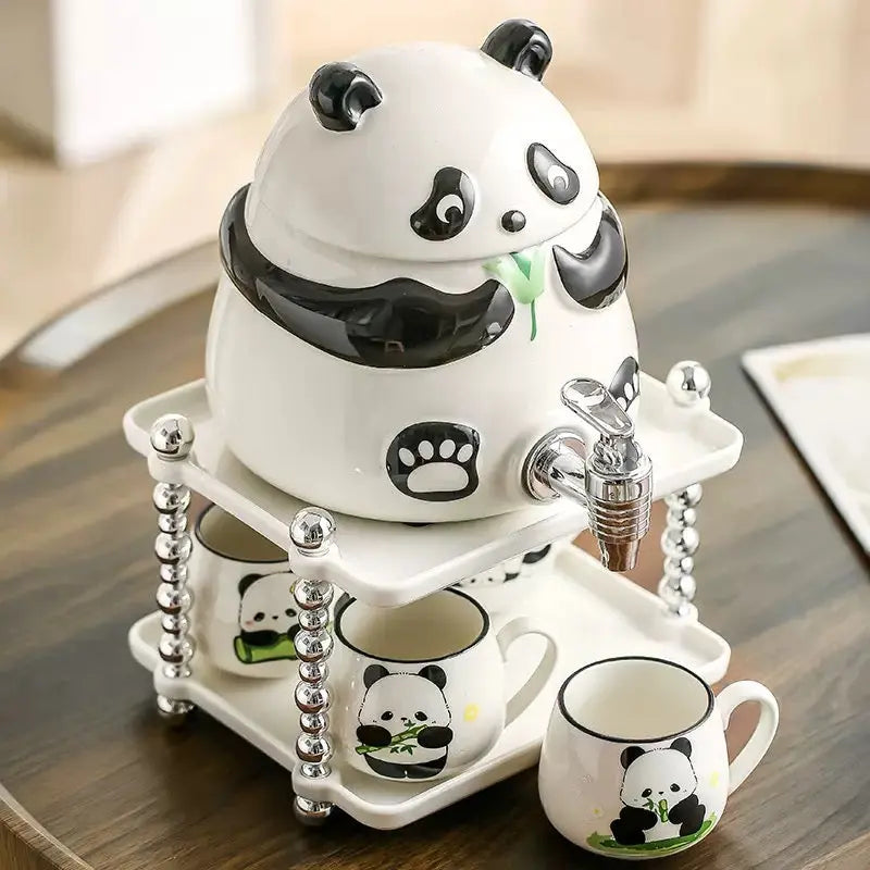 Cute Panda Ceramic Beverage Dispenser Set with 4 Mugs & Stand