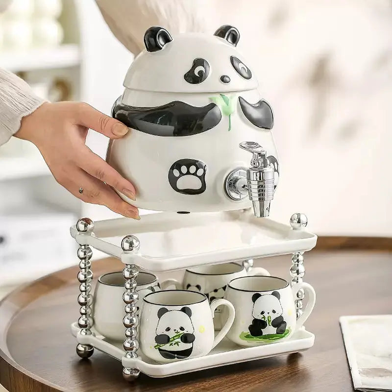 Cute Panda Ceramic Beverage Dispenser Set with 4 Mugs & Stand