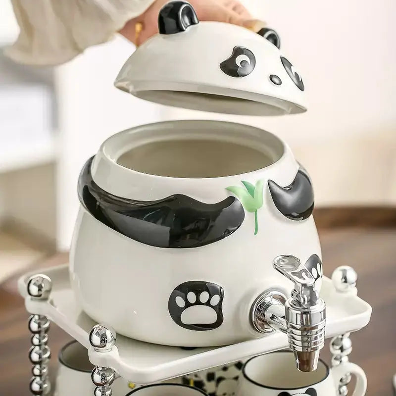Cute Panda Ceramic Beverage Dispenser Set with 4 Mugs & Stand