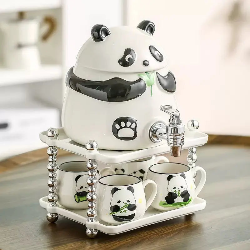 Cute Panda Ceramic Beverage Dispenser Set with 4 Mugs & Stand