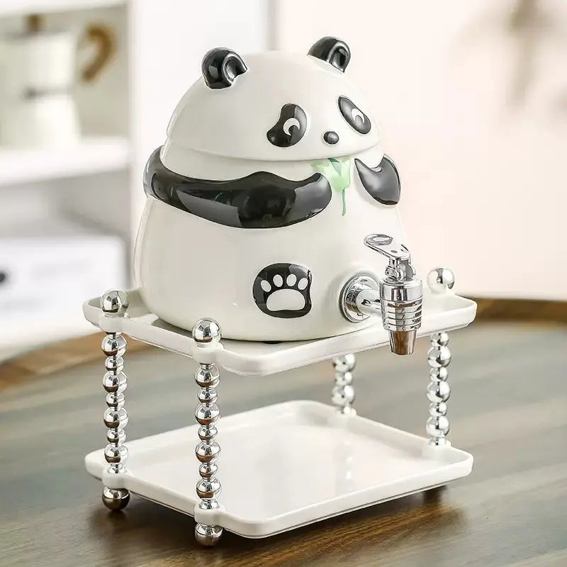 Cute Panda Ceramic Beverage Dispenser Set with 4 Mugs & Stand