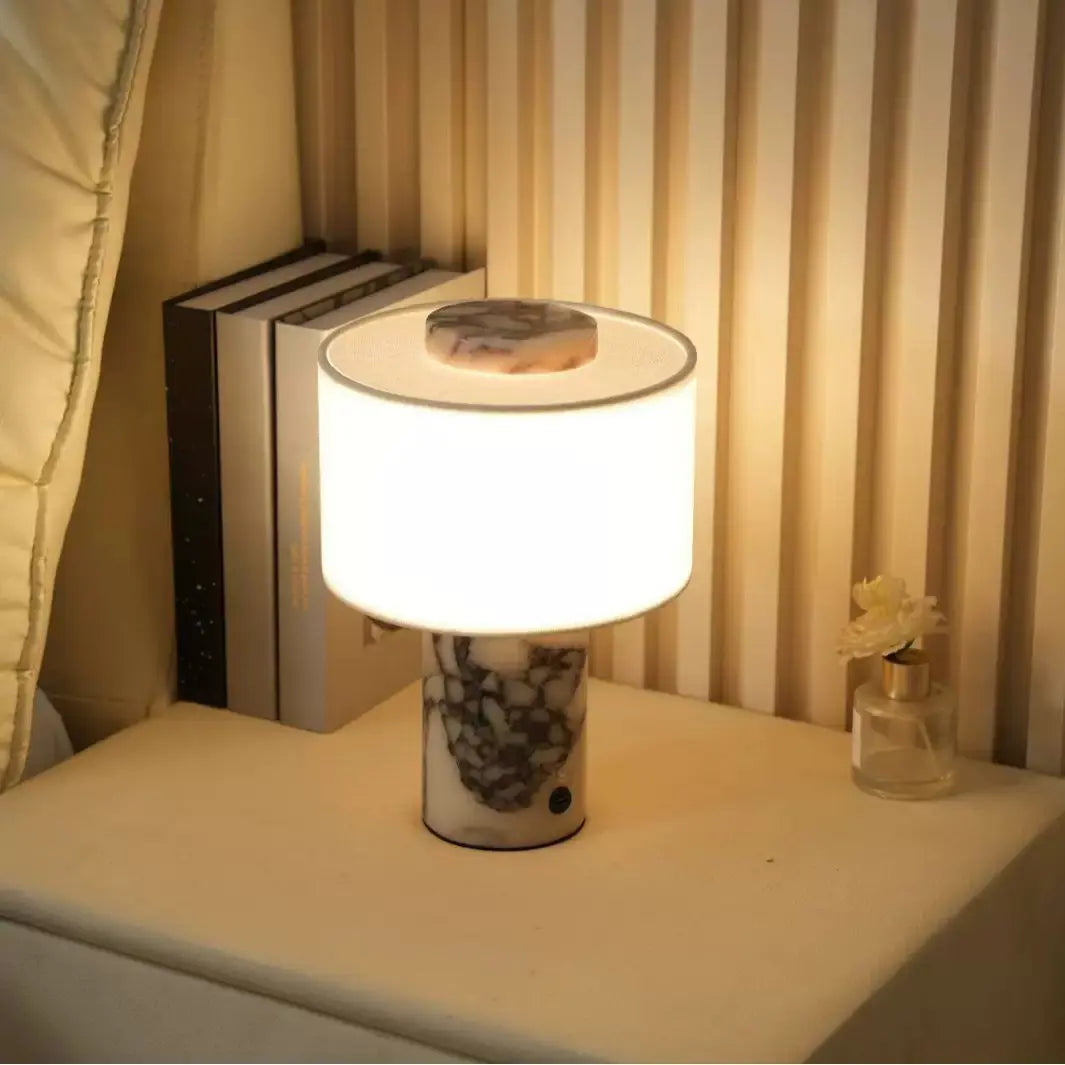 Modern Marble Touch Table Lamp Elegant Fabric Shade Bedside Light