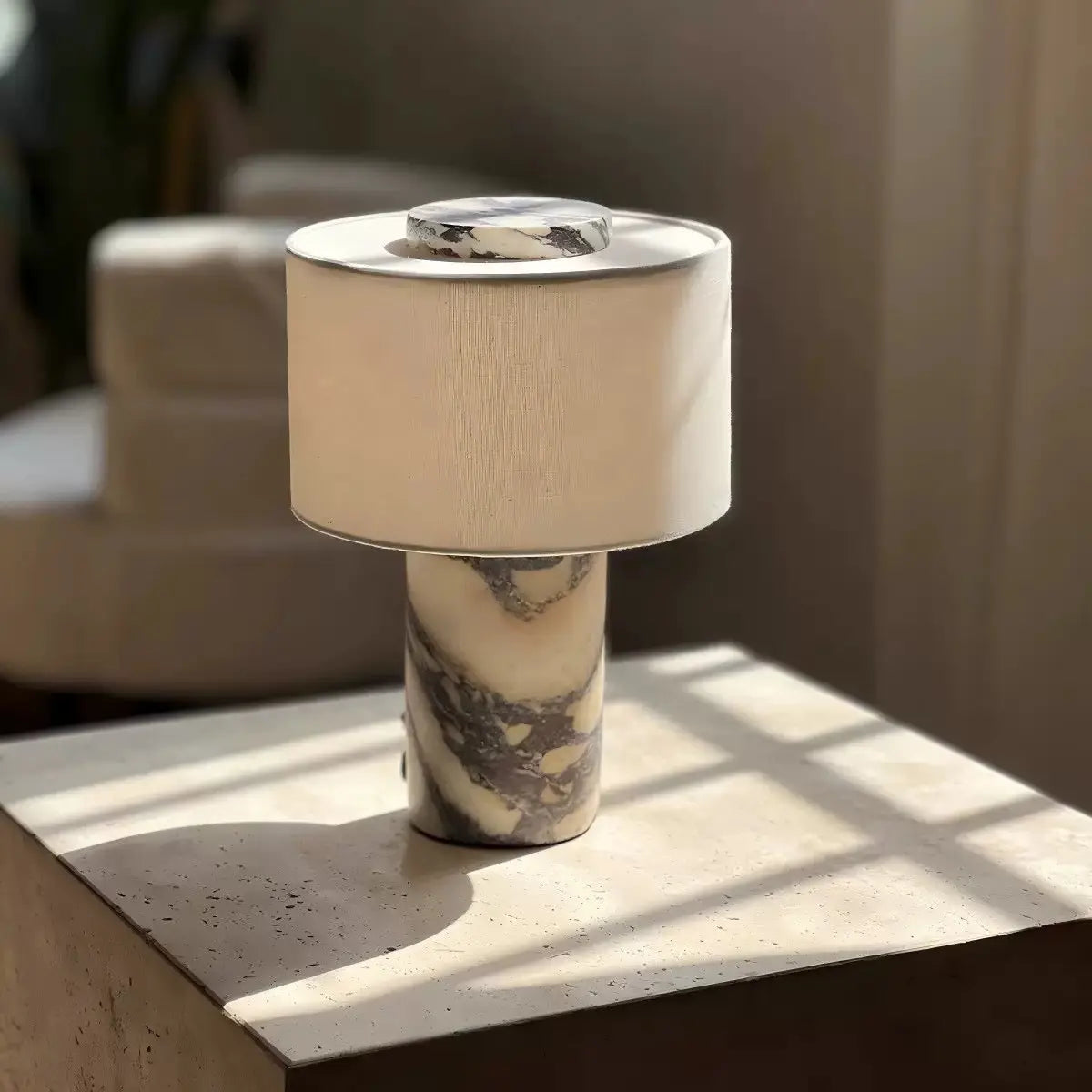 Modern Marble Touch Table Lamp Elegant Fabric Shade Bedside Light