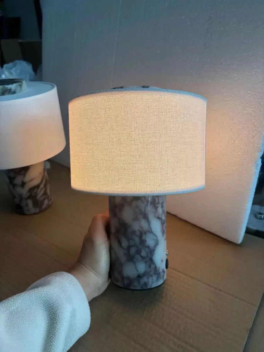 Modern Marble Touch Table Lamp Elegant Fabric Shade Bedside Light