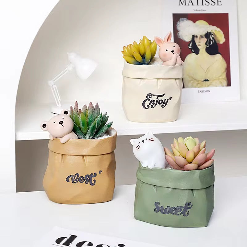 Kawaii Pen Holder Creative Paper Bag Flower Pot Makeup Storage Holder