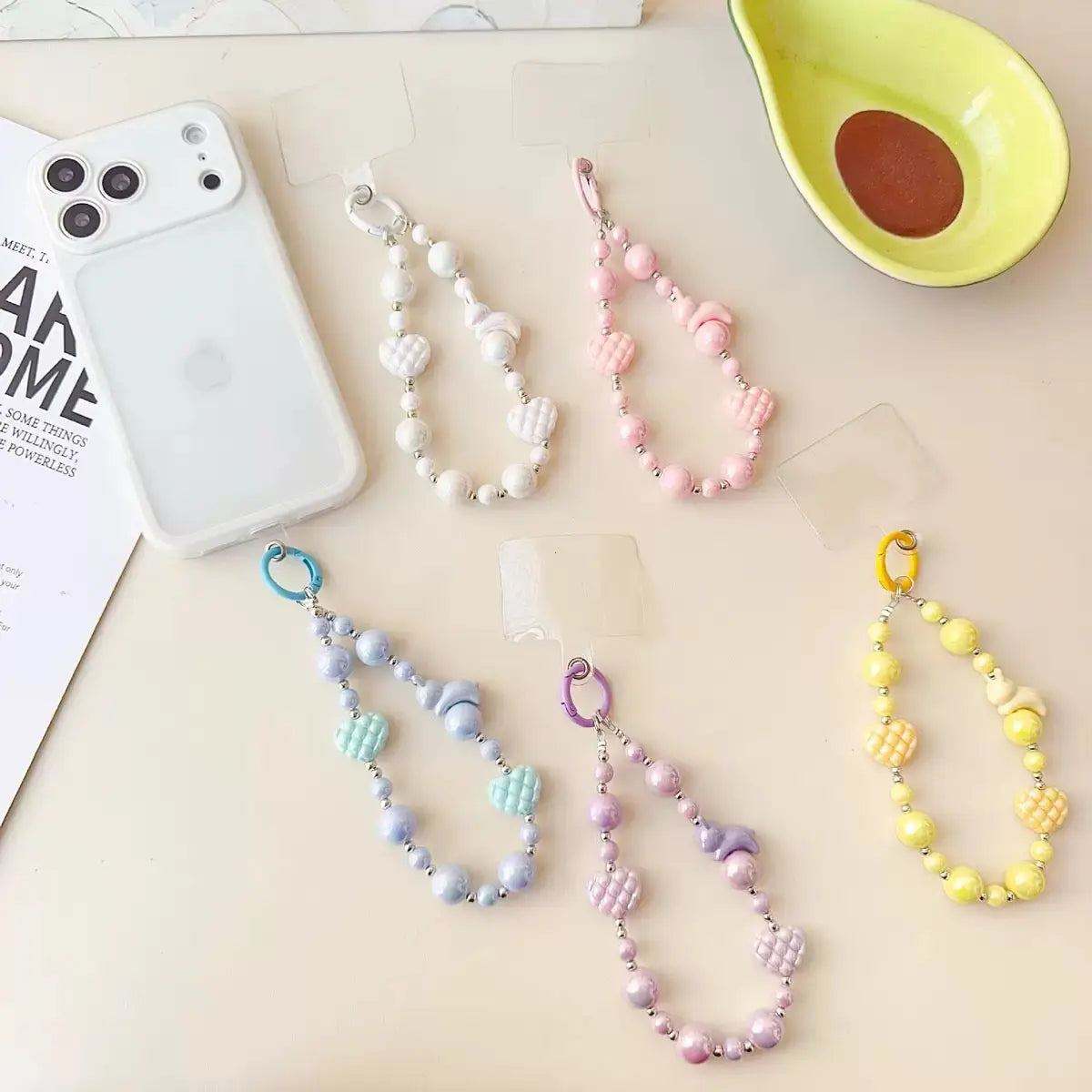 Pastel Beaded Phone Charm Strap Cute Heart & Star Wrist Lanyard