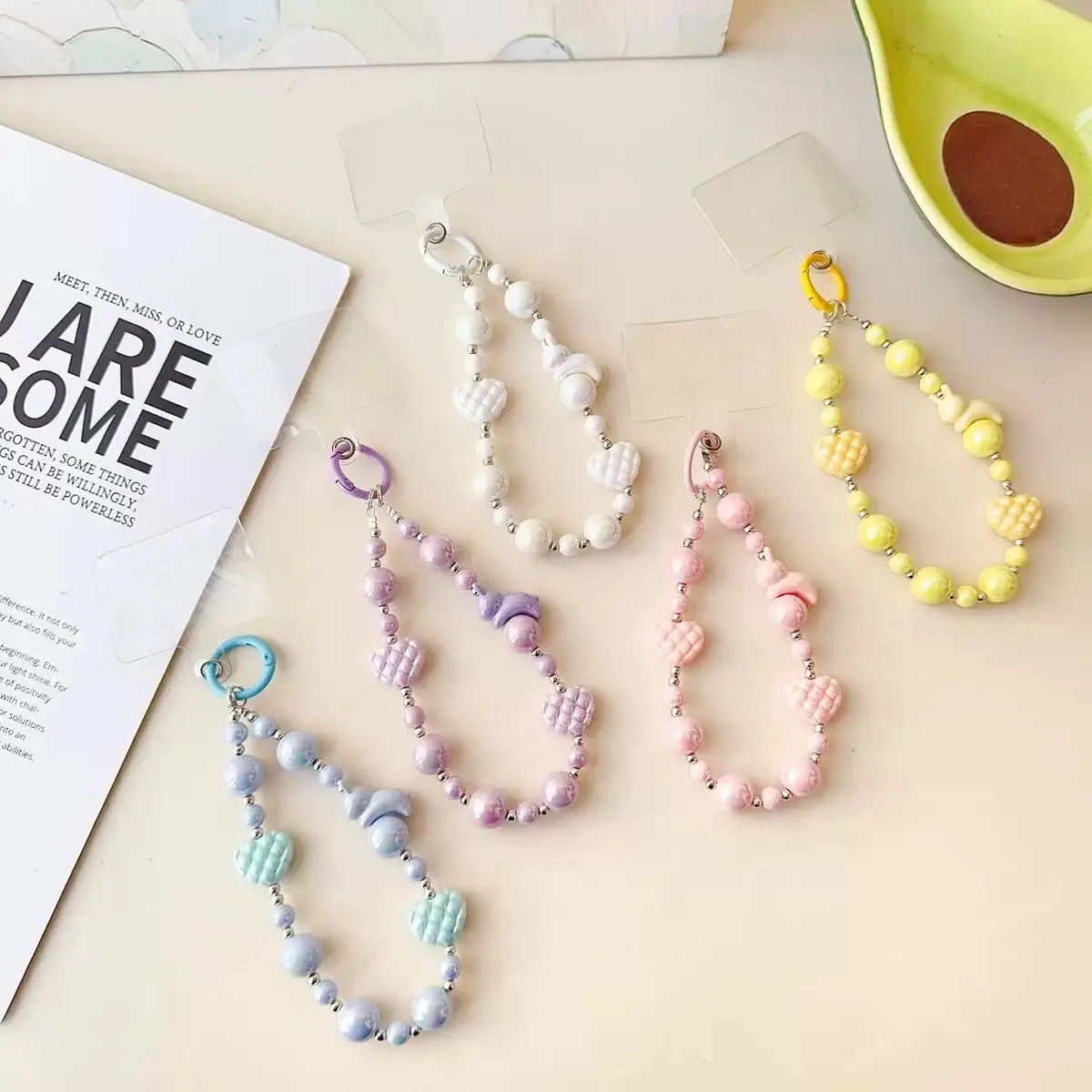 Pastel Beaded Phone Charm Strap Cute Heart & Star Wrist Lanyard