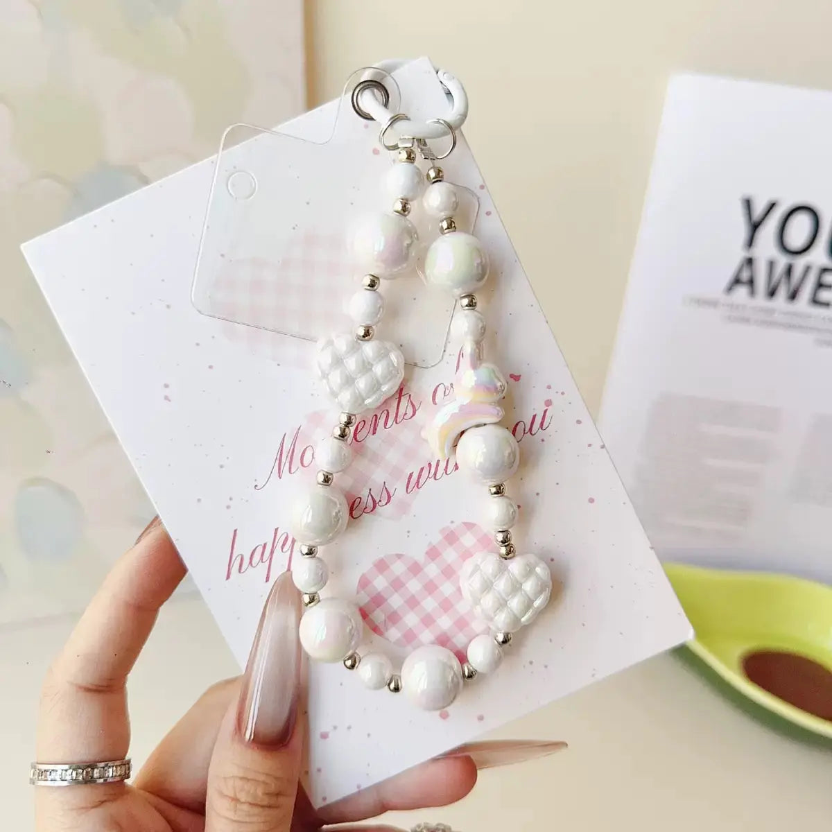 Pastel Beaded Phone Charm Strap Cute Heart & Star Wrist Lanyard