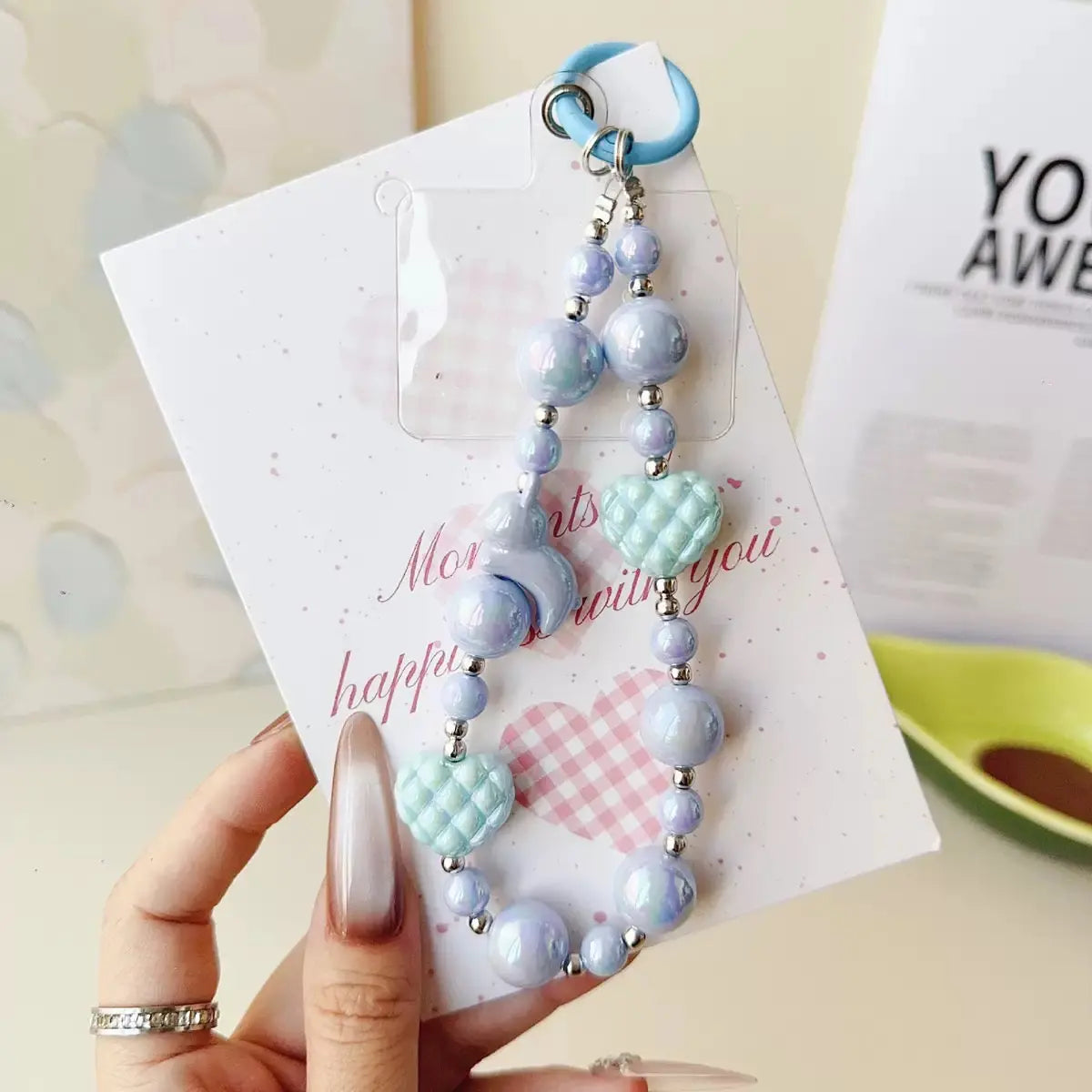 Pastel Beaded Phone Charm Strap Cute Heart & Star Wrist Lanyard