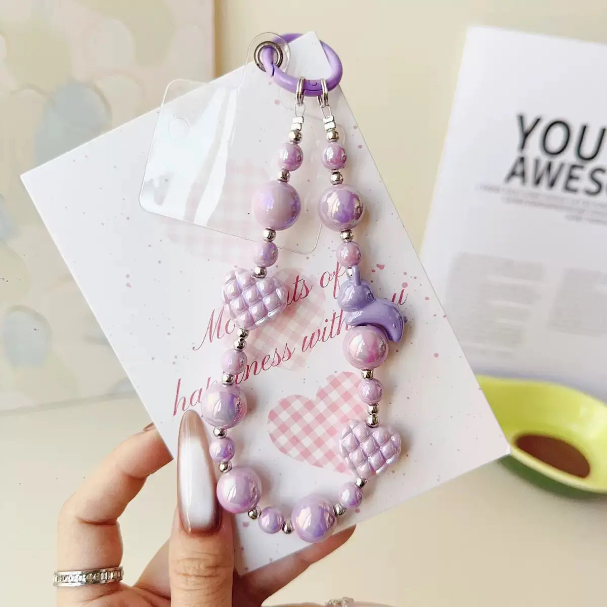 Pastel Beaded Phone Charm Strap Cute Heart & Star Wrist Lanyard