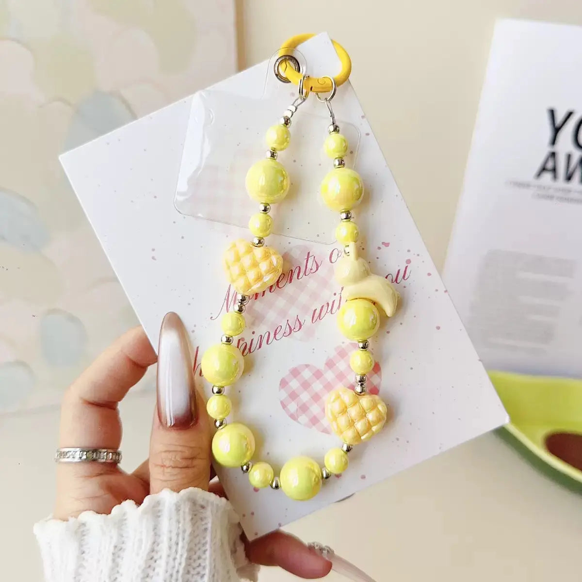 Pastel Beaded Phone Charm Strap Cute Heart & Star Wrist Lanyard