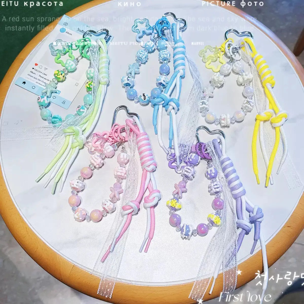 Kawaii Pastel Beaded Phone Charm & Adjustable Wrist Strap with Heart Carabiner