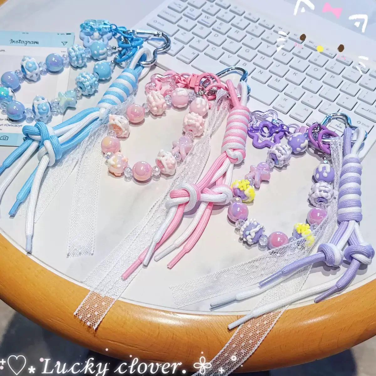 Kawaii Pastel Beaded Phone Charm & Adjustable Wrist Strap with Heart Carabiner