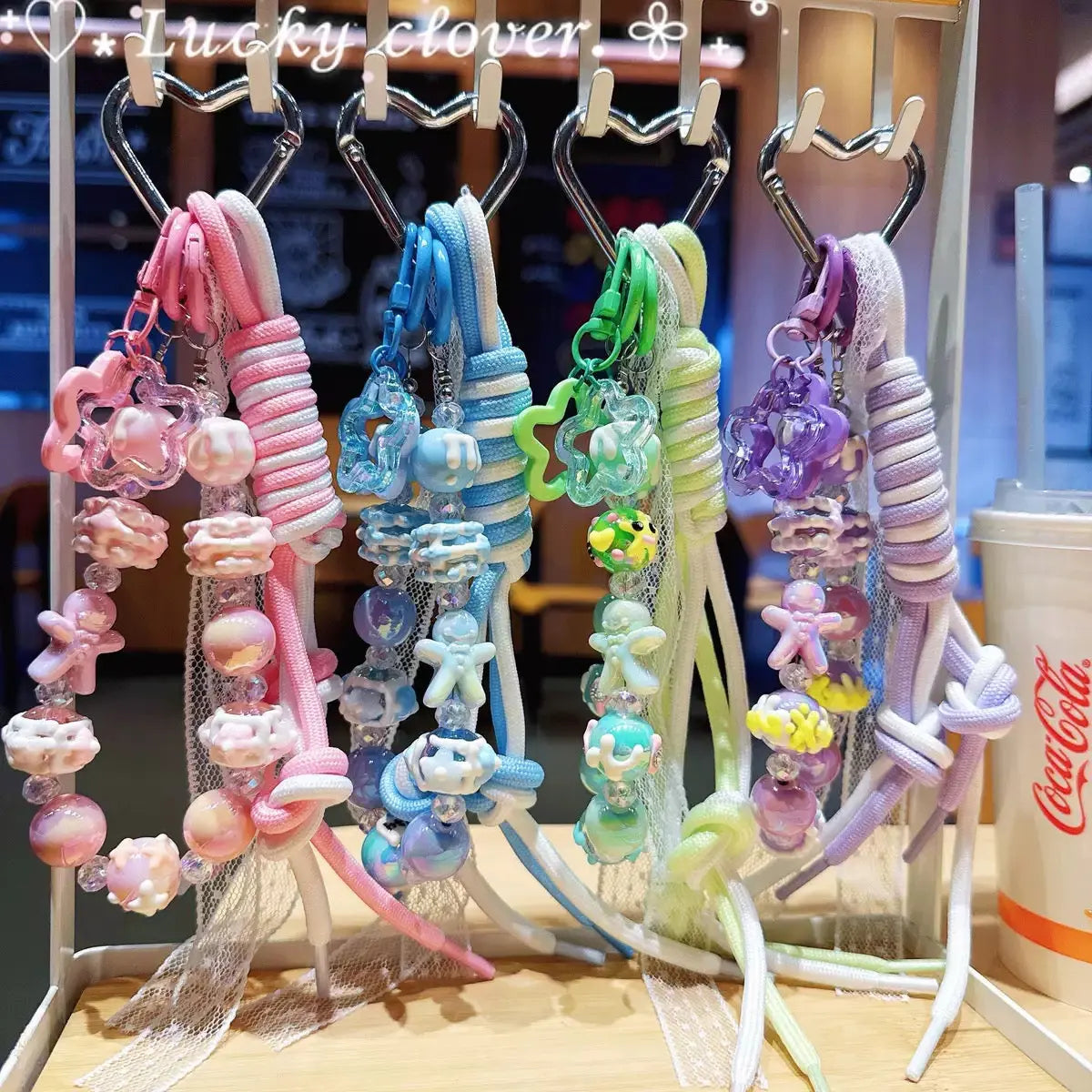 Kawaii Pastel Beaded Phone Charm & Adjustable Wrist Strap with Heart Carabiner