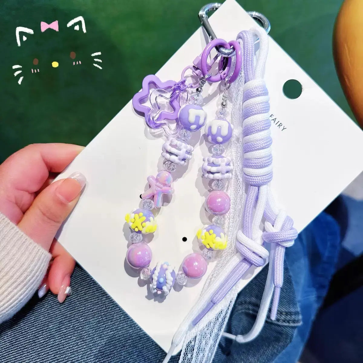 Kawaii Pastel Beaded Phone Charm & Adjustable Wrist Strap with Heart Carabiner