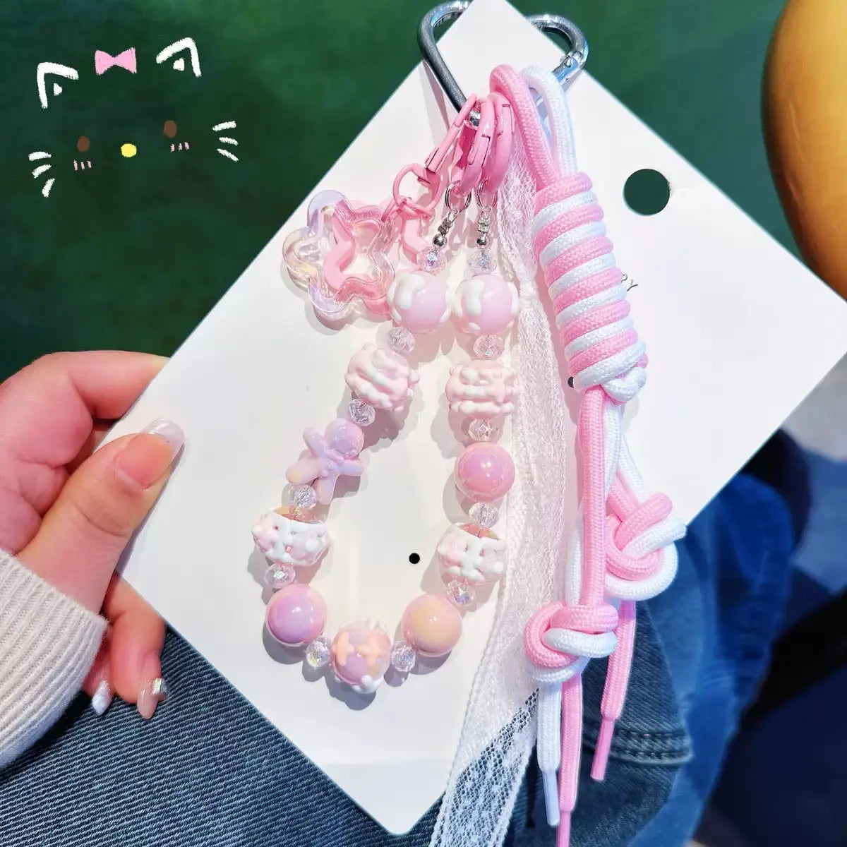 Kawaii Pastel Beaded Phone Charm & Adjustable Wrist Strap with Heart Carabiner
