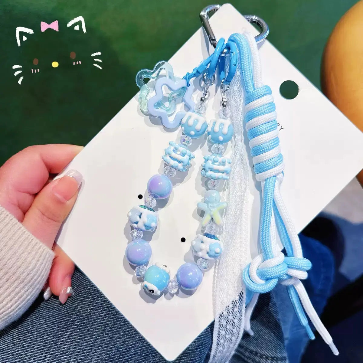 Kawaii Pastel Beaded Phone Charm & Adjustable Wrist Strap with Heart Carabiner