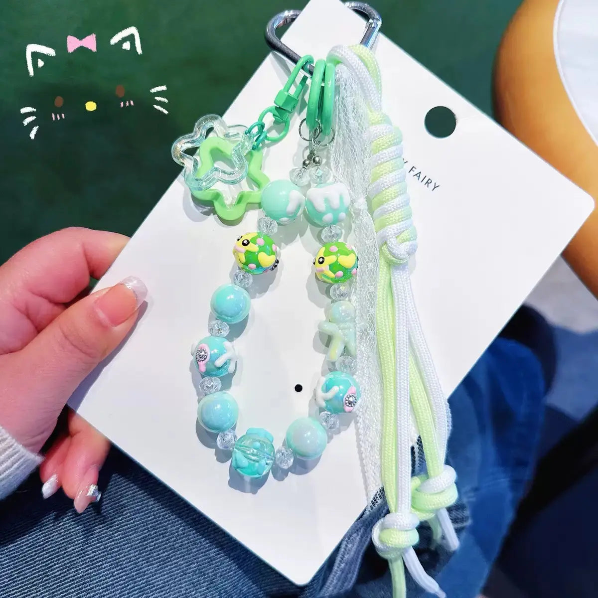 Kawaii Pastel Beaded Phone Charm & Adjustable Wrist Strap with Heart Carabiner