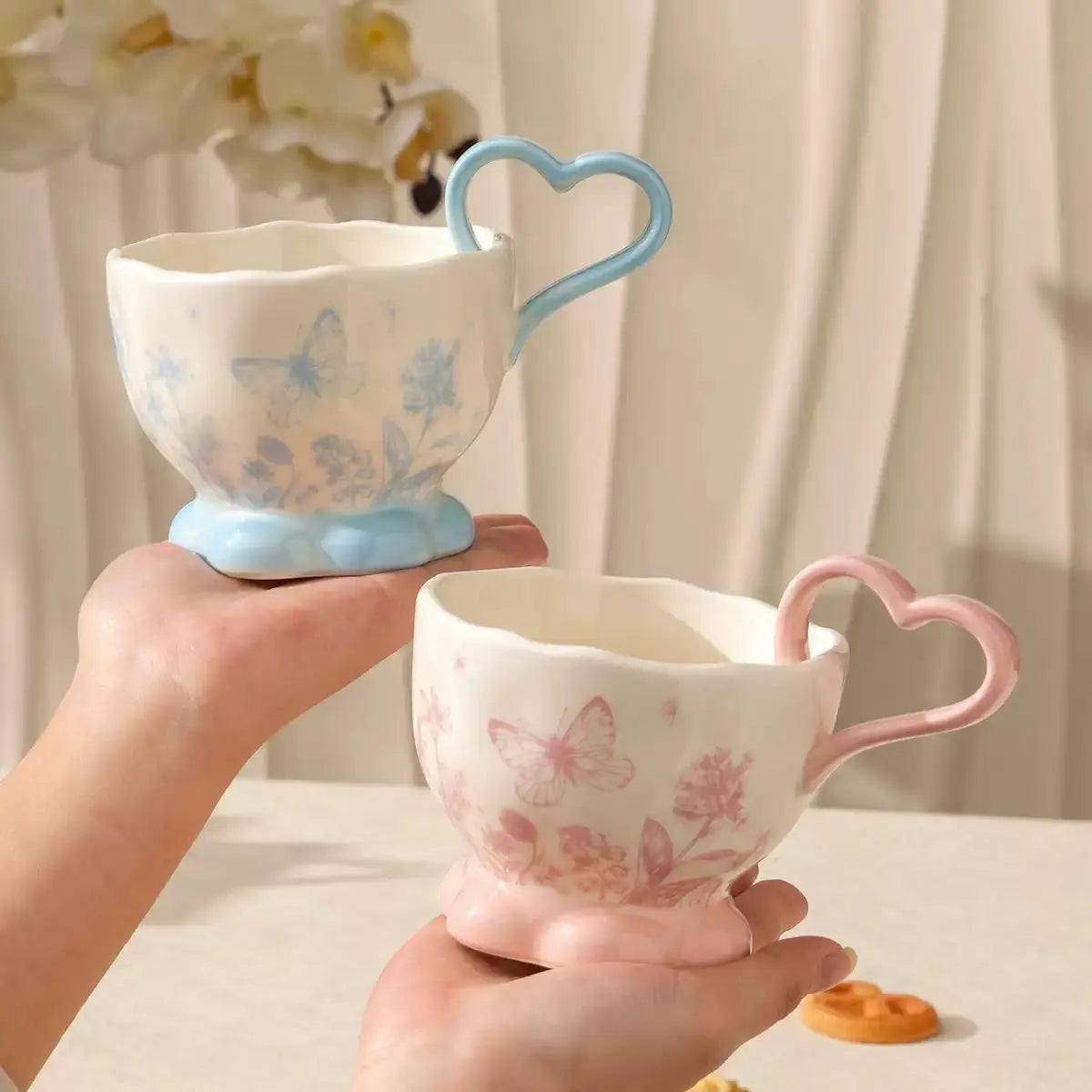 Butterfly Floral Ceramic Mug with Heart Handle Pastel Coffee Cup