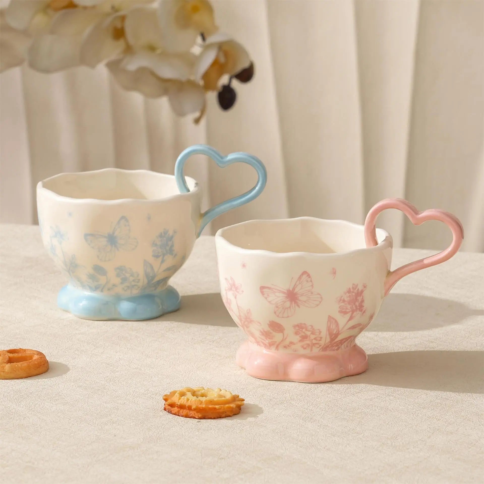 Butterfly Floral Ceramic Mug with Heart Handle Pastel Coffee Cup
