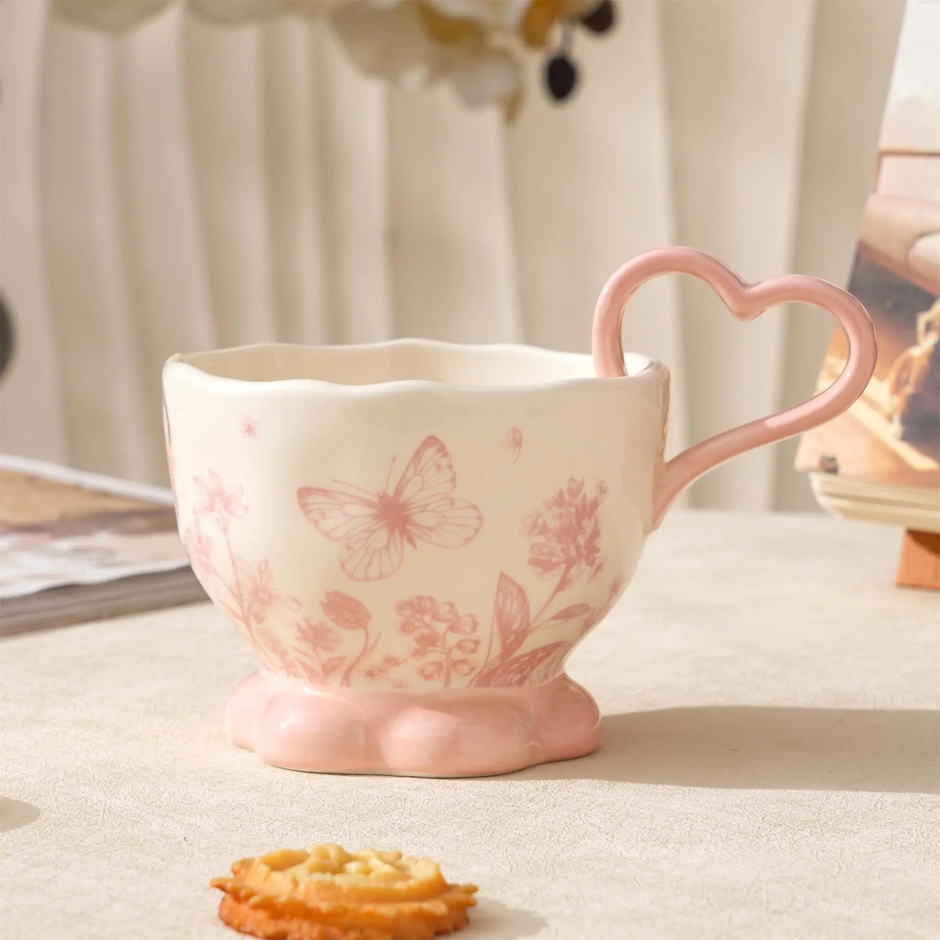 Butterfly Floral Ceramic Mug with Heart Handle Pastel Coffee Cup