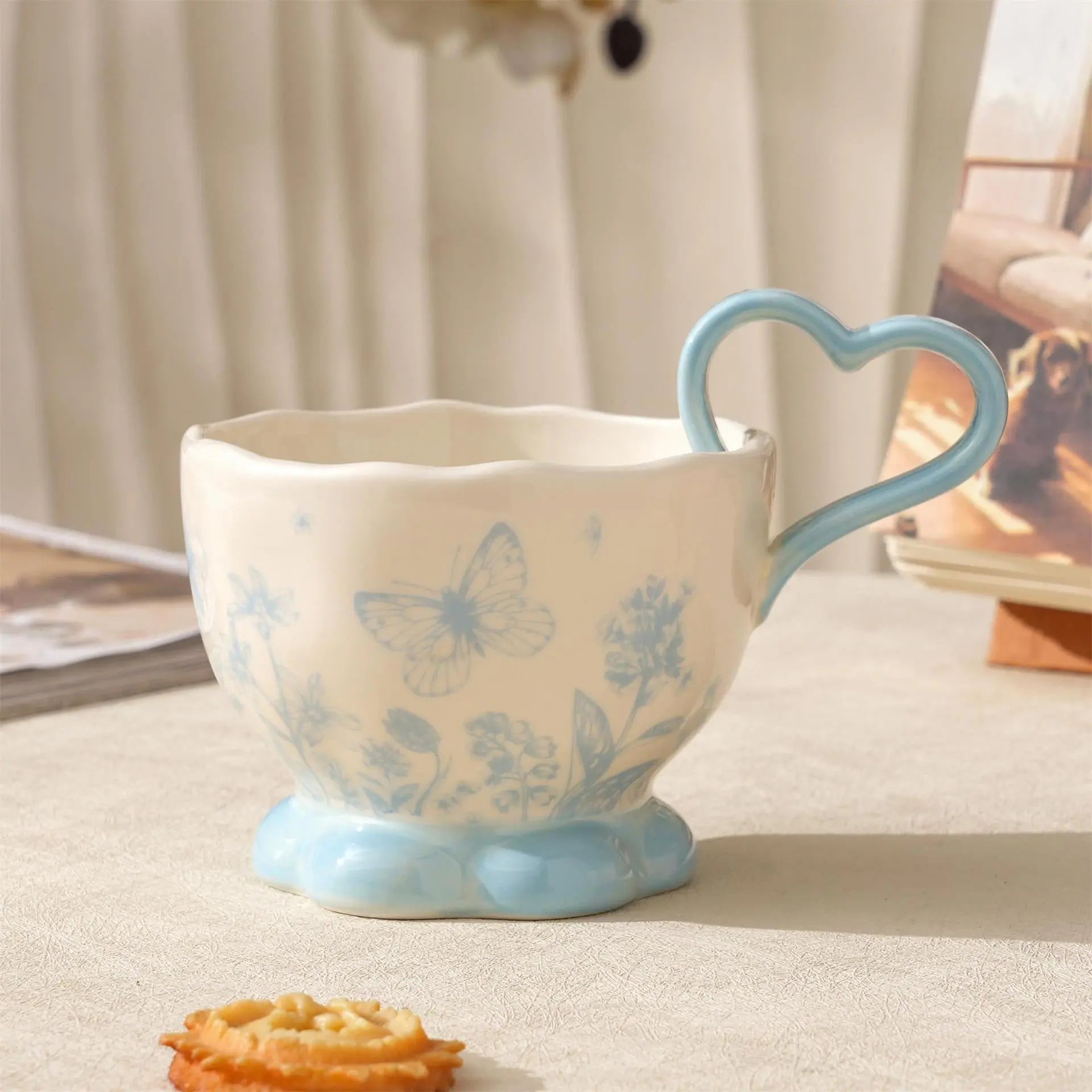 Butterfly Floral Ceramic Mug with Heart Handle Pastel Coffee Cup