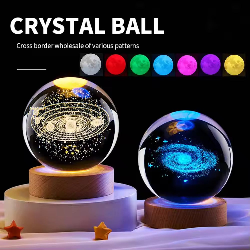 RGB Glass Ball Night Light with Wooden Base 7 Color Changing Glass Ball Lamp 3D Solar System Crystal Ball Night Light Desktop Decor