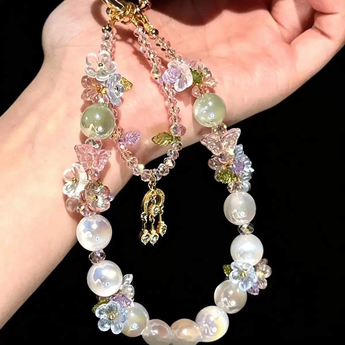 Enchanted Garden Floral Pearl Beaded Bag Charm & Keychain