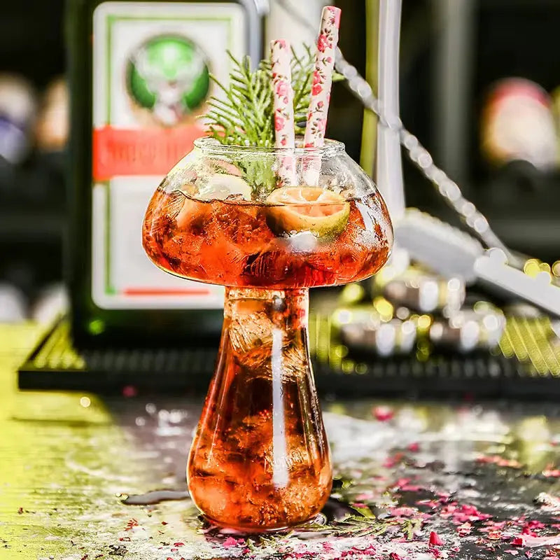 Mushroom-Shaped Cocktail Glass with Straw Creative Drinkware Glass