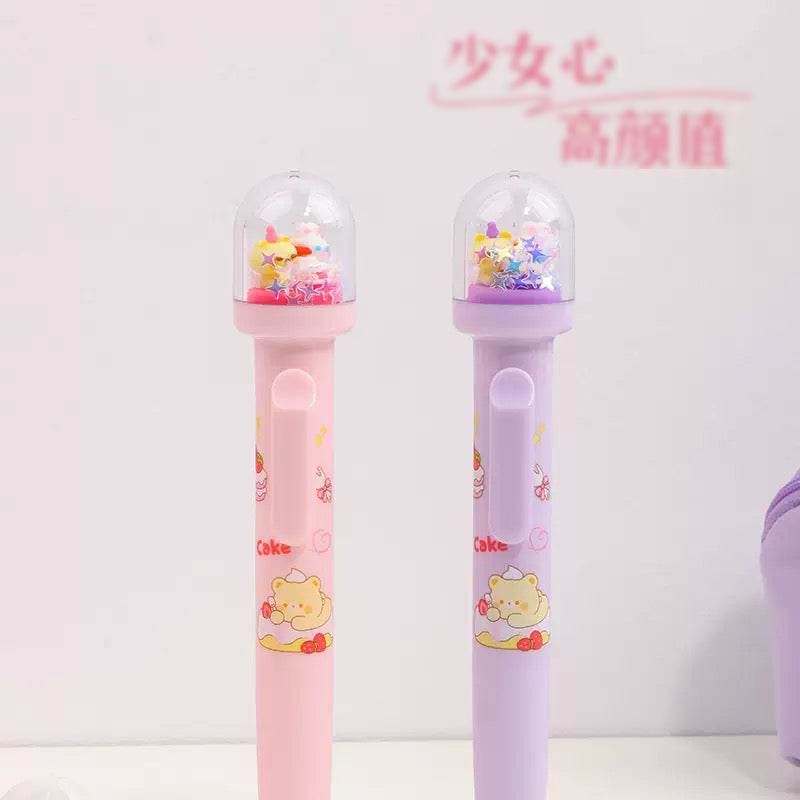 Kawaii Bear Cake Dome Shake Gel Pen 0.5mm Black Ink Pastel Glitter Pen