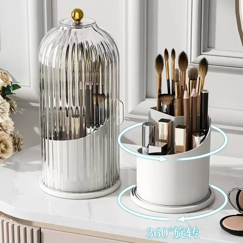 360° Rotating Dustproof Makeup Brush Organizer with Transparent Lid