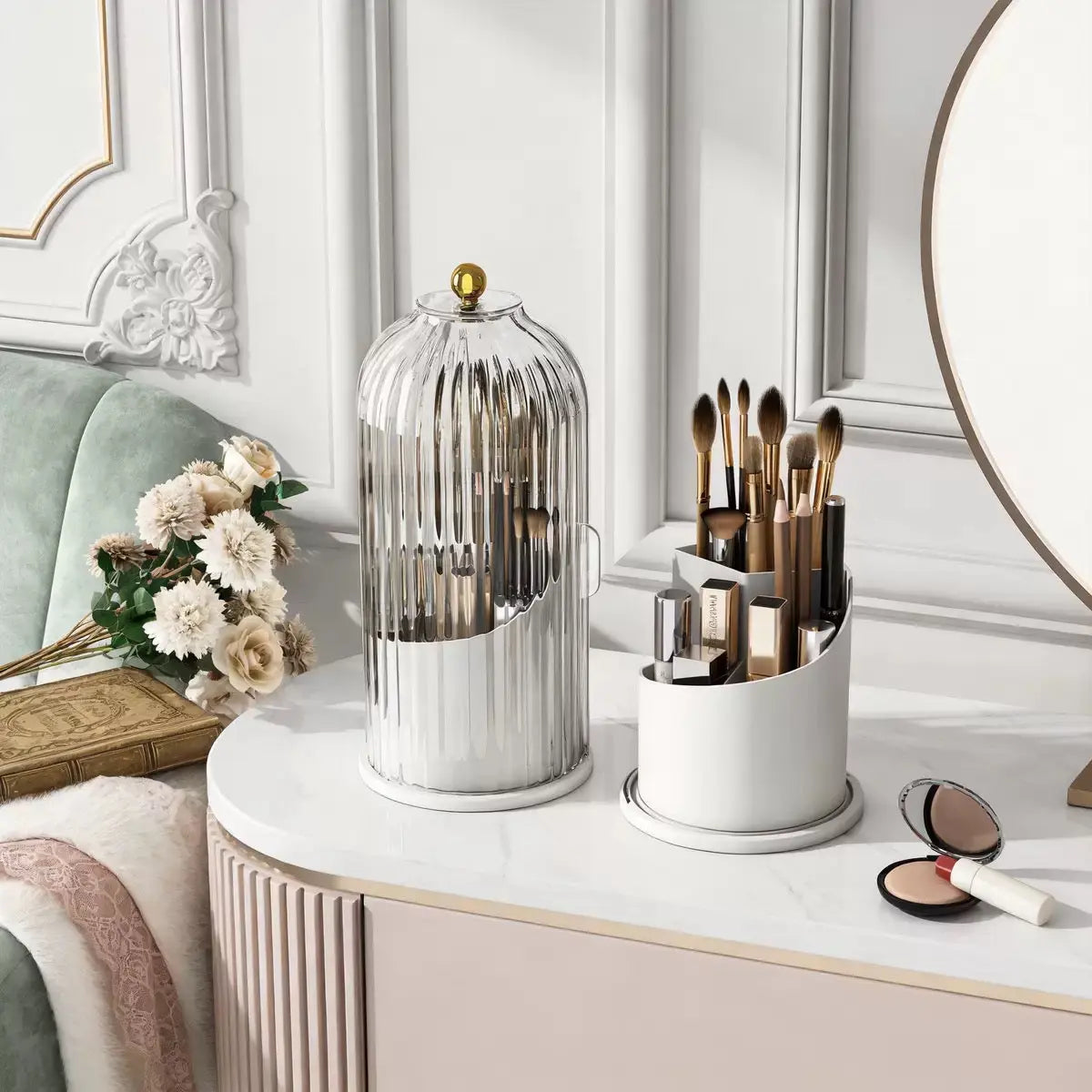 360° Rotating Dustproof Makeup Brush Organizer with Transparent Lid